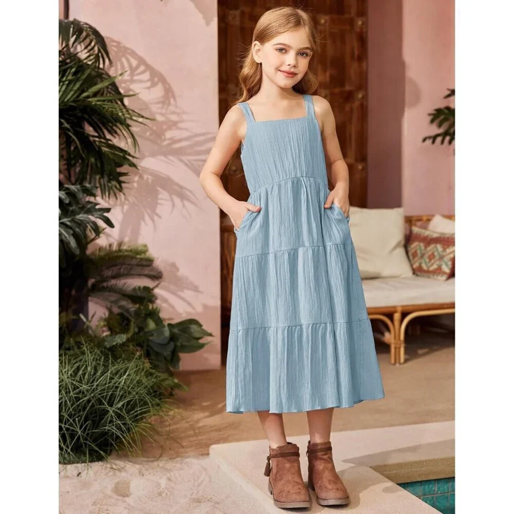 Girl's Sundresses Summer Boho Strap Tiered Cami Maxi Dresses with Pockets - Picture 3 of 6